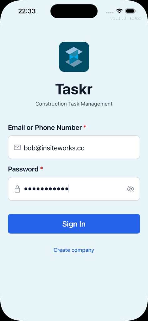 Taskr sign-in screen